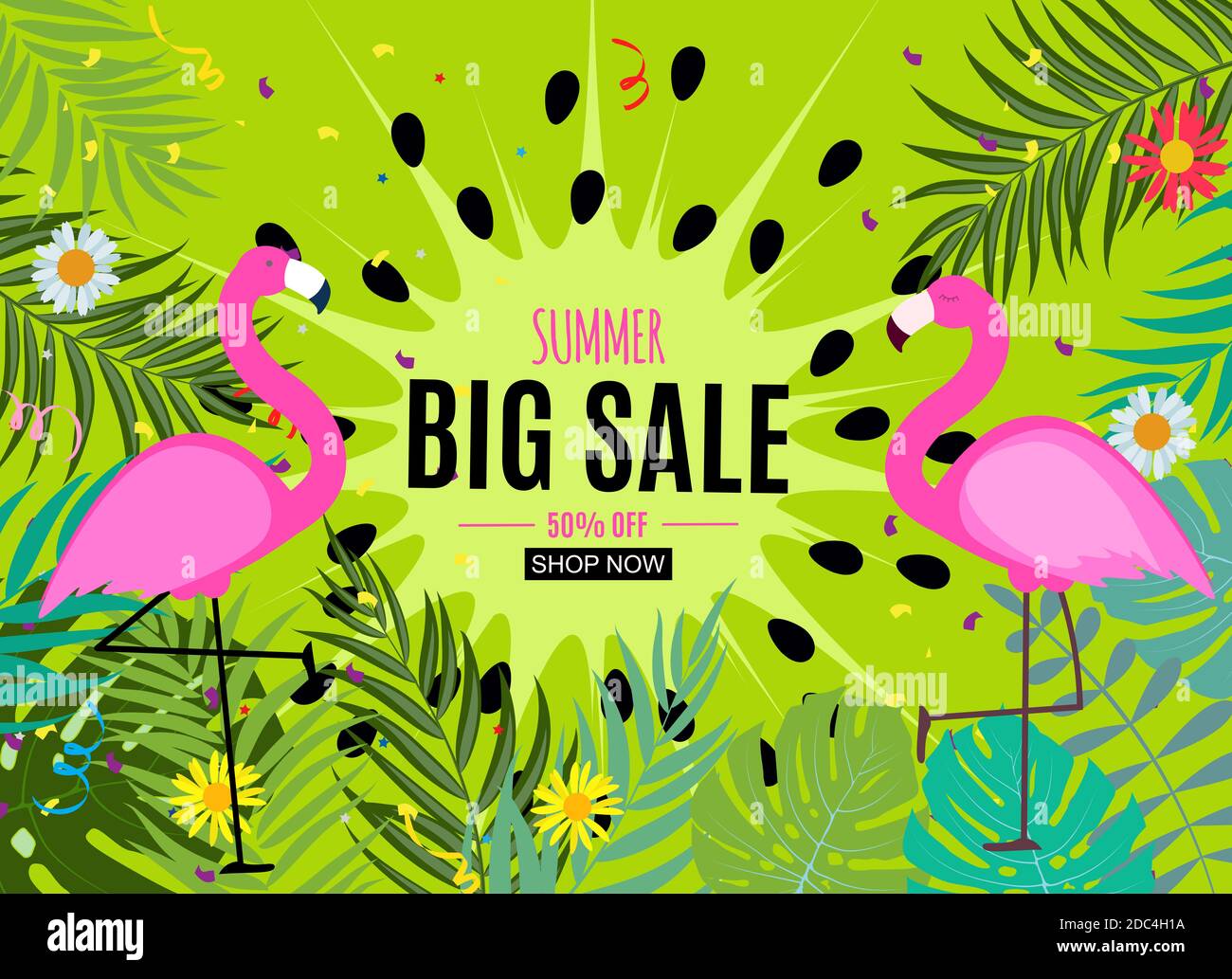 Abstract Summer Sale Background with Palm Leaves and Flamingo ...