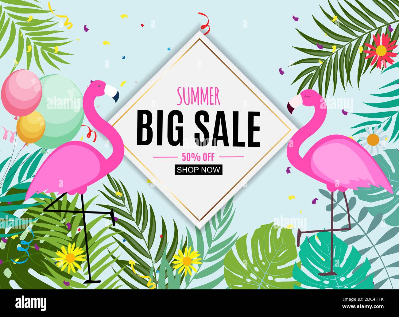 Abstract Summer Sale Background with Palm Leaves and Flamingo ...