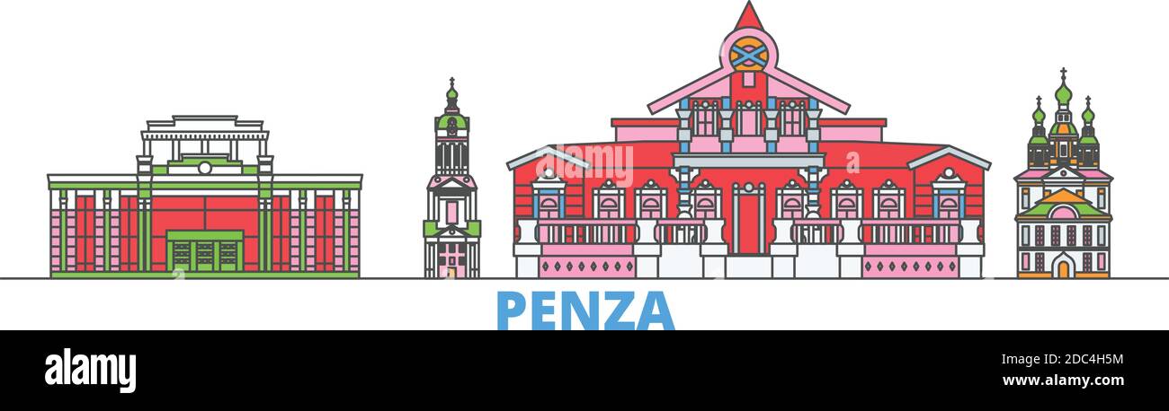Russia, Penza line cityscape, flat vector. Travel city landmark, oultine illustration, line world icons Stock Vector