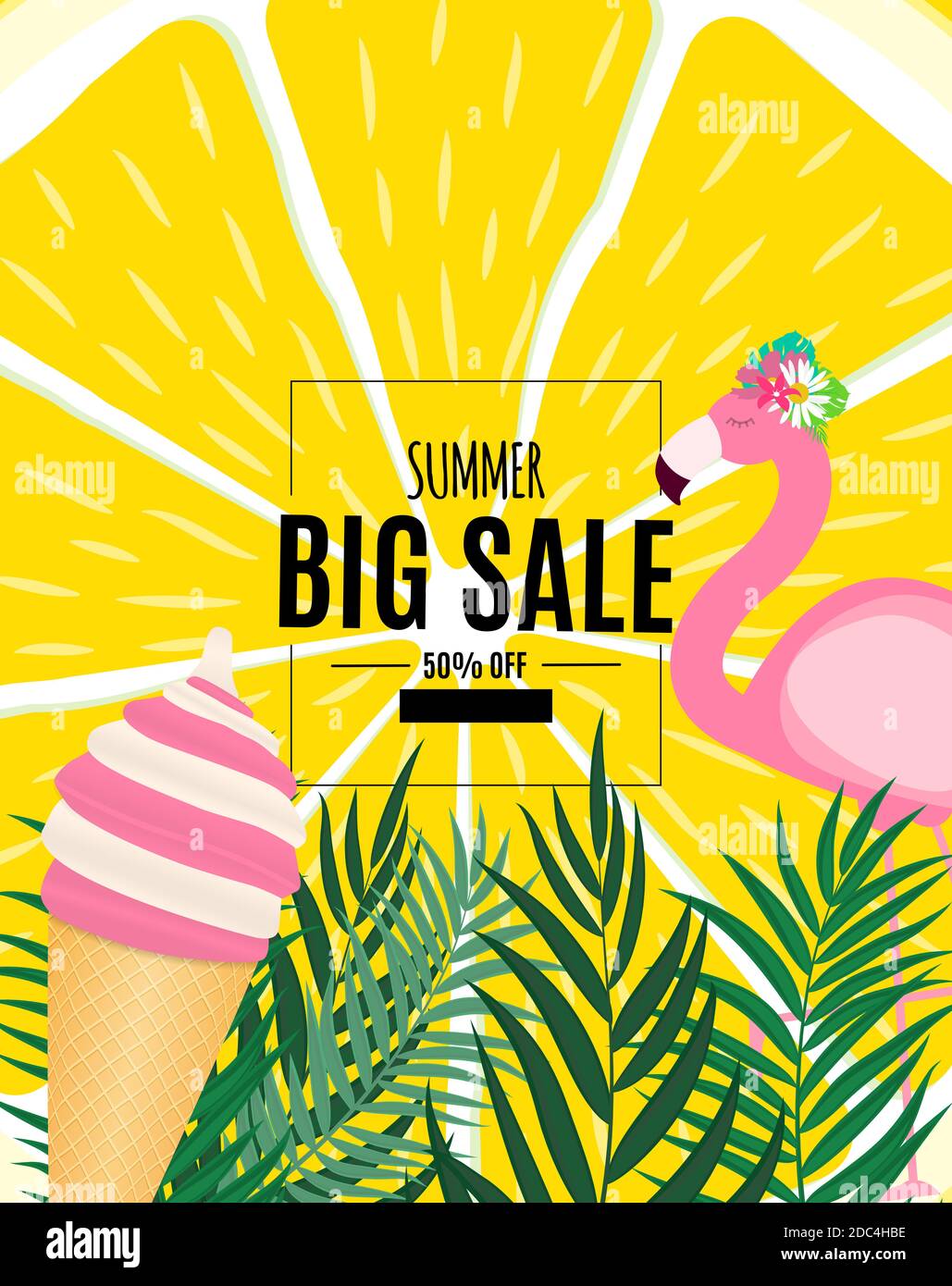 Abstract Summer Sale Background with Palm Leaves and Flamingo ...