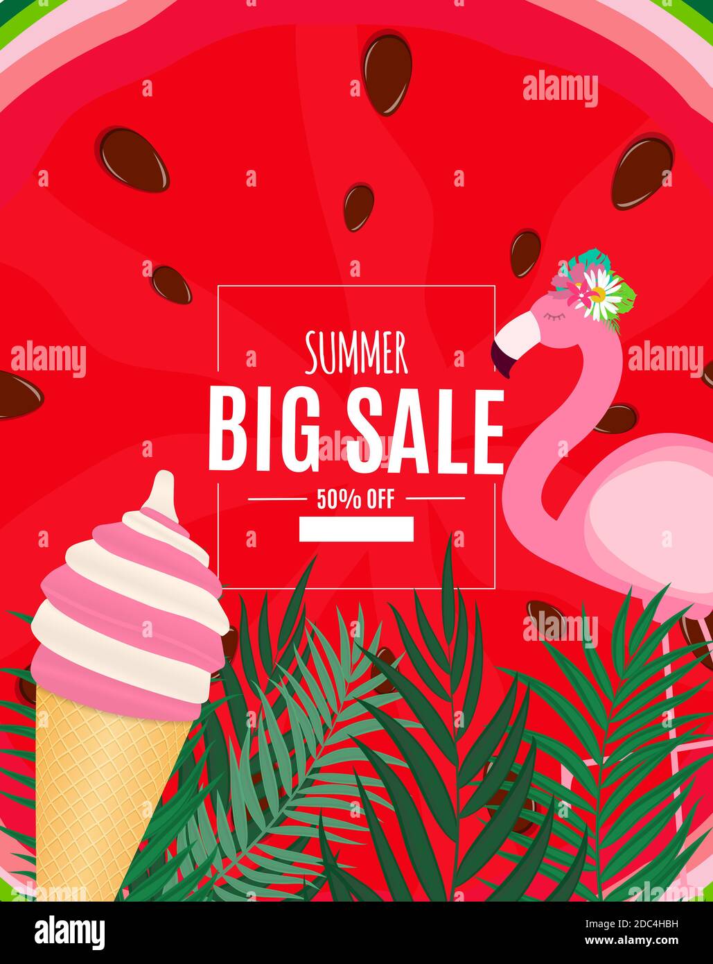 Abstract Summer Sale Background with Palm Leaves and Flamingo ...