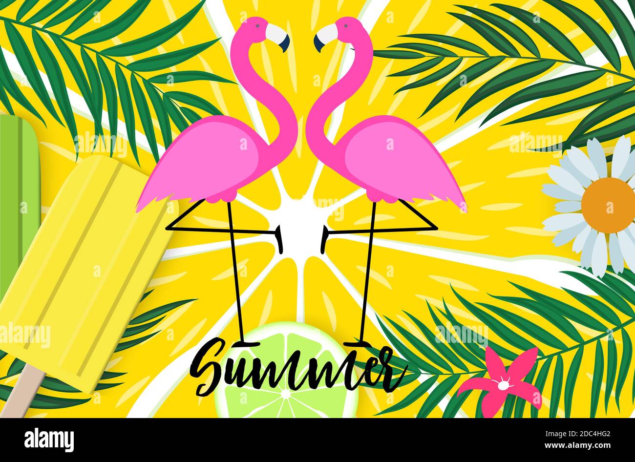 Cute Pink Flamingo Summer Background Illustration Stock Photo - Alamy