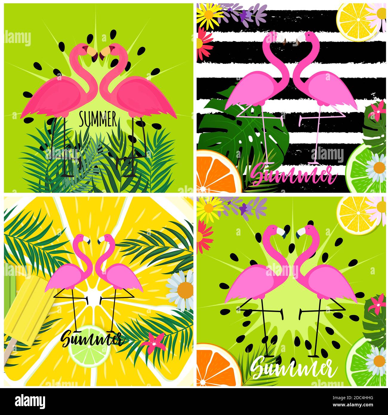 Cute Pink Flamingo Summer Background Collection Set Illustration Stock ...
