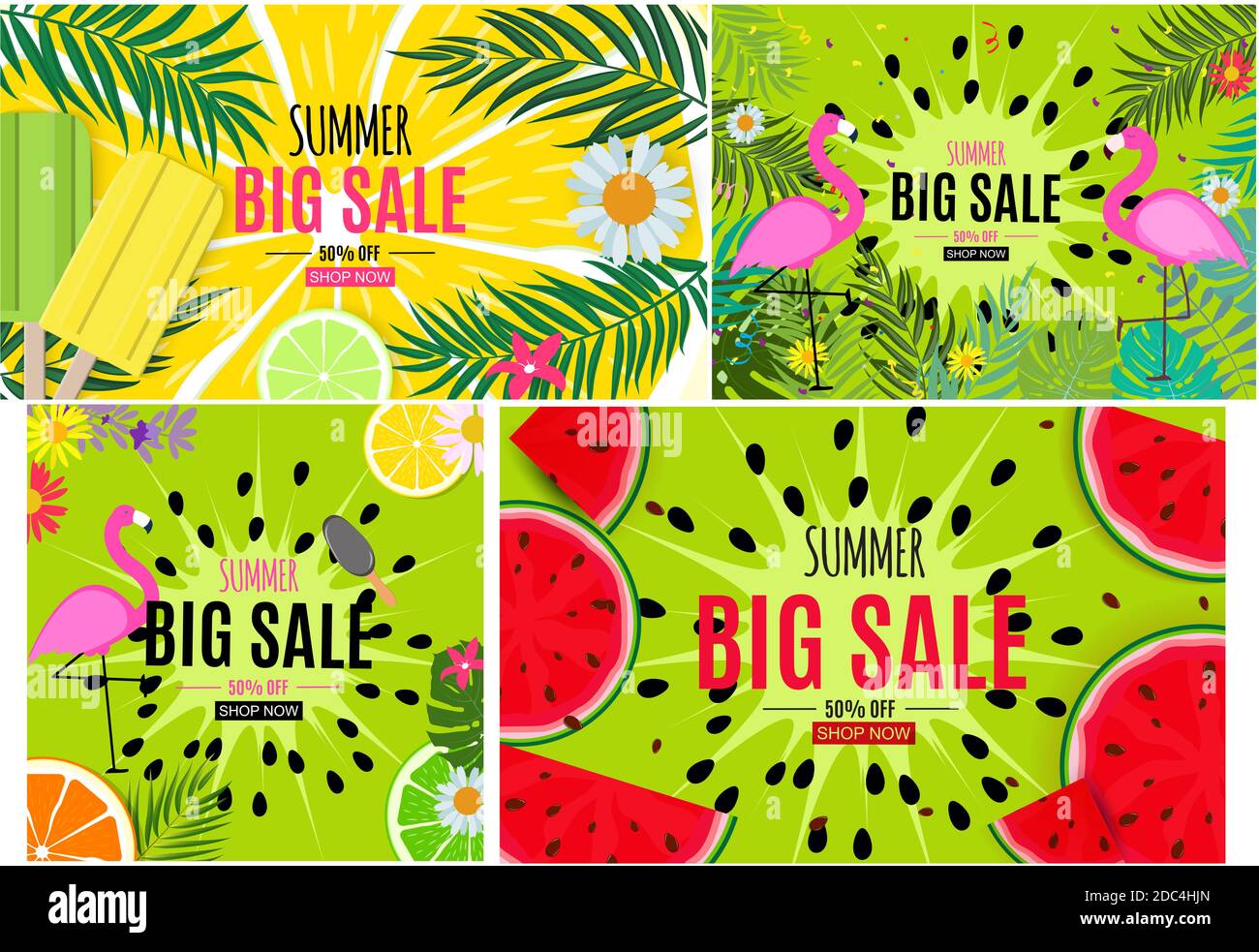 Abstract Summer Sale Background with Palm Leaves and Flamingo Template ...