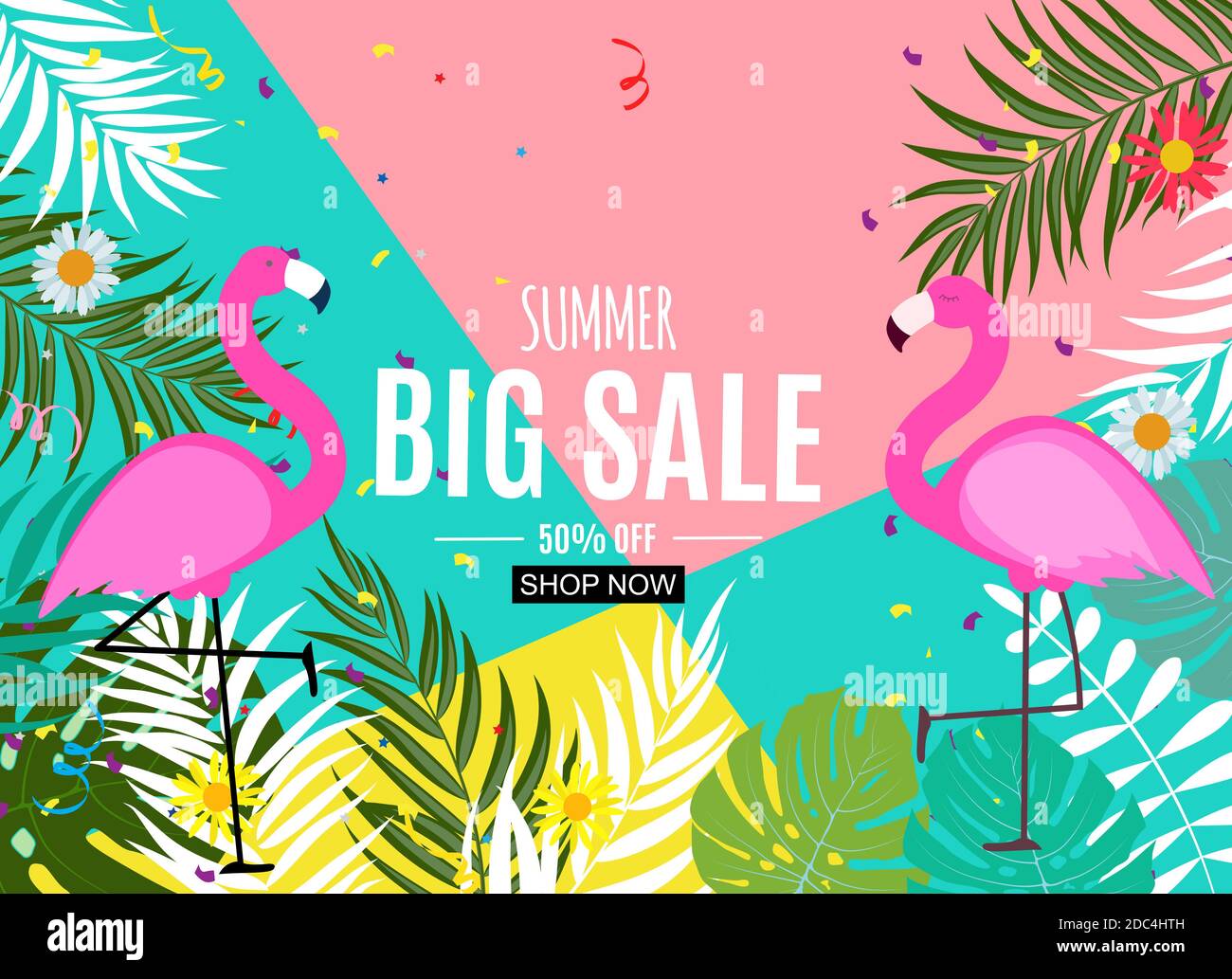 Abstract Summer Sale Background with Palm Leaves and Flamingo ...