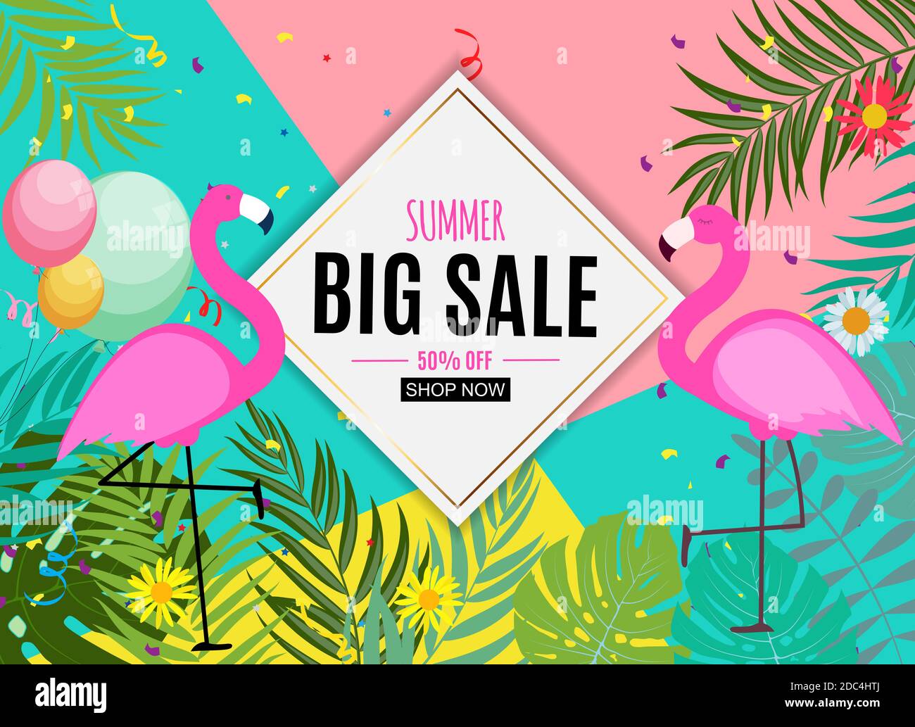 Abstract Summer Sale Background with Palm Leaves and Flamingo ...