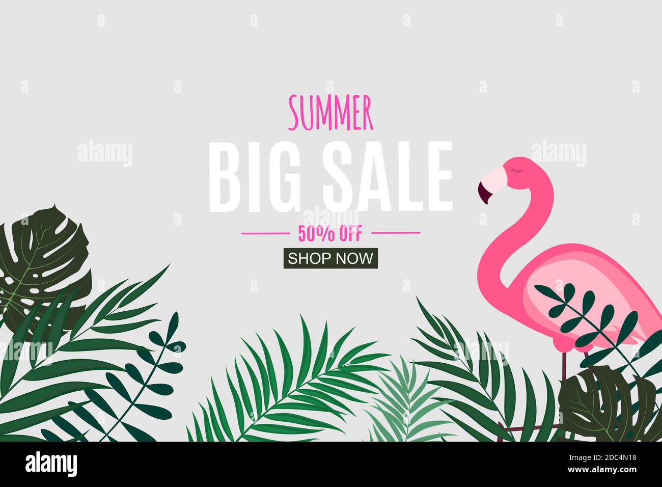 Abstract Summer Sale Background with Palm Leaves and Flamingo ...