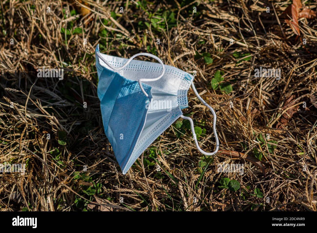 Discarded face masks in Mccarren Park, Brooklyn, New York during the COVID-19 pandemic in the Fall of 2020. Stock Photo