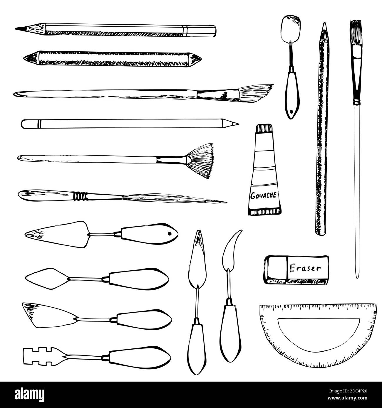 Hand drawn art tools set. Isolated on white. Vector illustration Stock