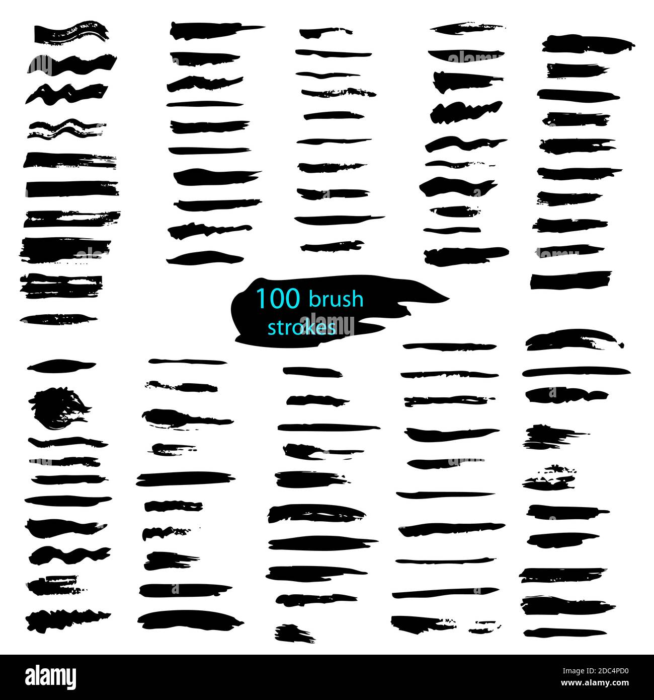 Big set of 100 black brush strokes. Hand drawn vector texture and