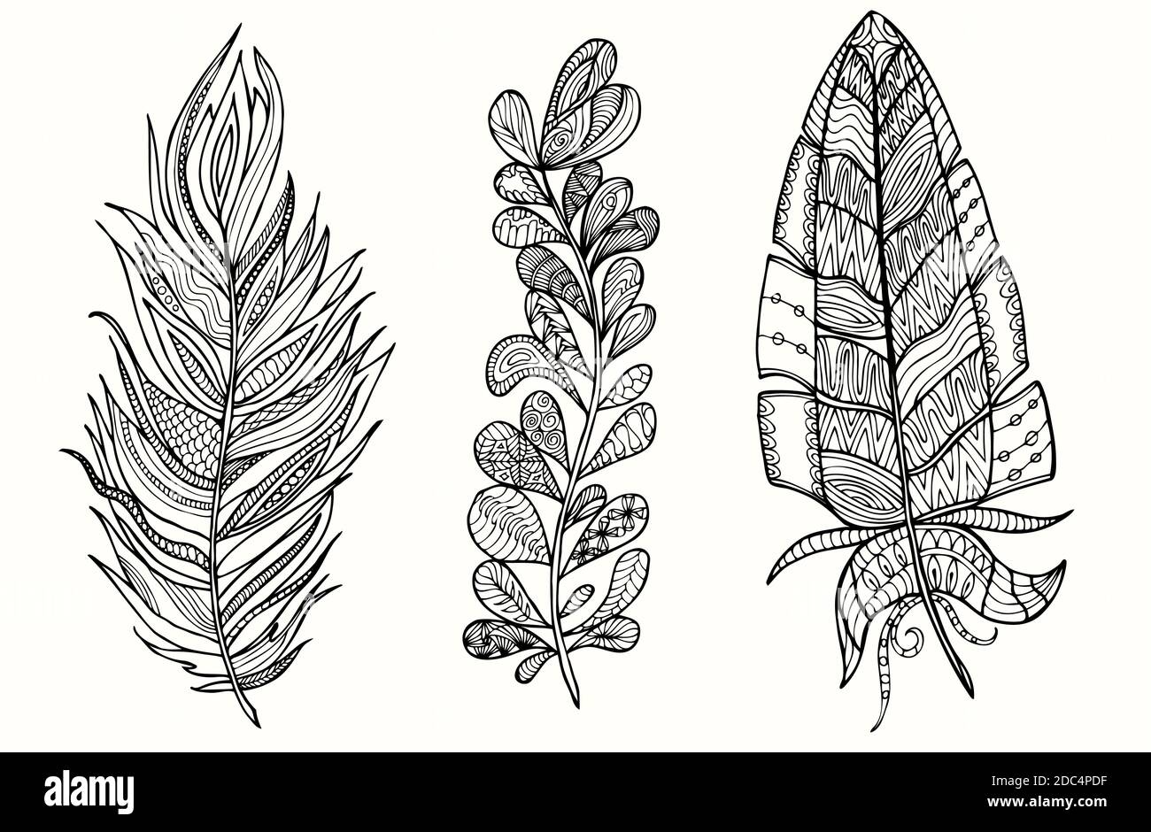 Hand drawn feather set with doodle, zentangle, floral, vintage elements ...