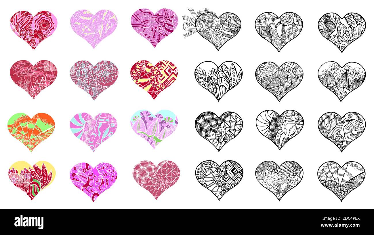 Large set of zentangle heart with abstract floral pattern inside ...