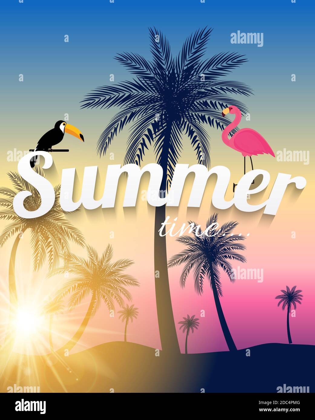 Abstract Summer Time Background with Flamingo and Toucan. Illustration ...