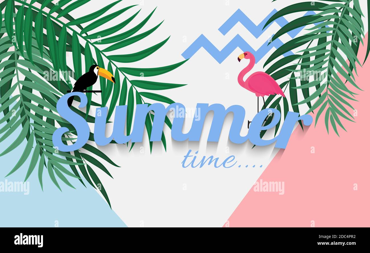 Abstract Summer Time Background with Flamingo and Toucan. Illustration ...