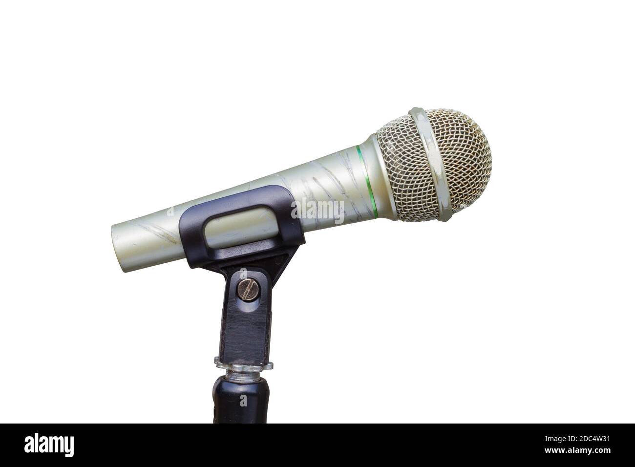 Microphone with stand isolated on white background. Side view. Speaker concept. clipping path. Stock Photo