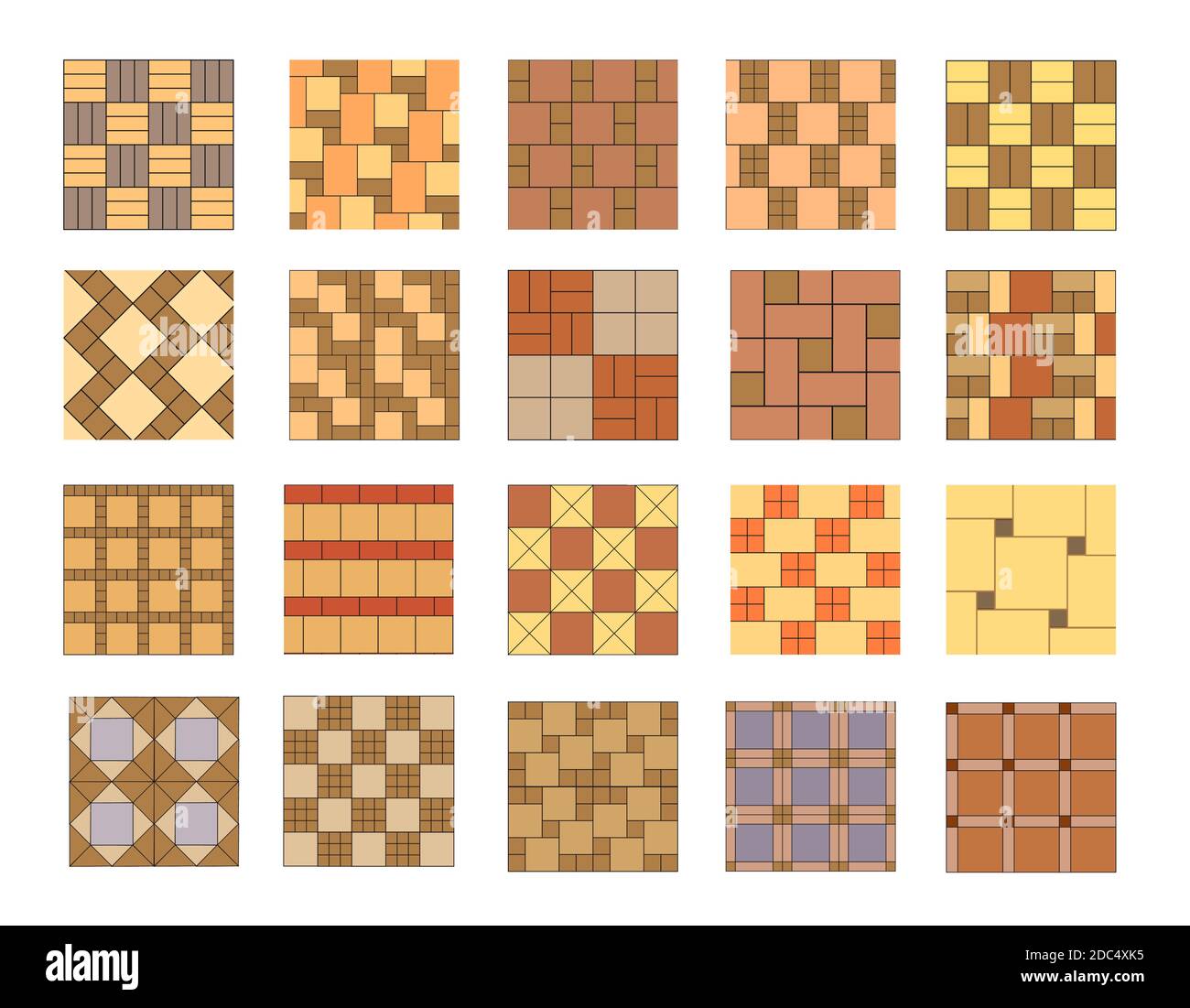 Set of vector paving tiles and bricks patterns. Elements for landscape design plans isolated on white. Top view. Stock Vector