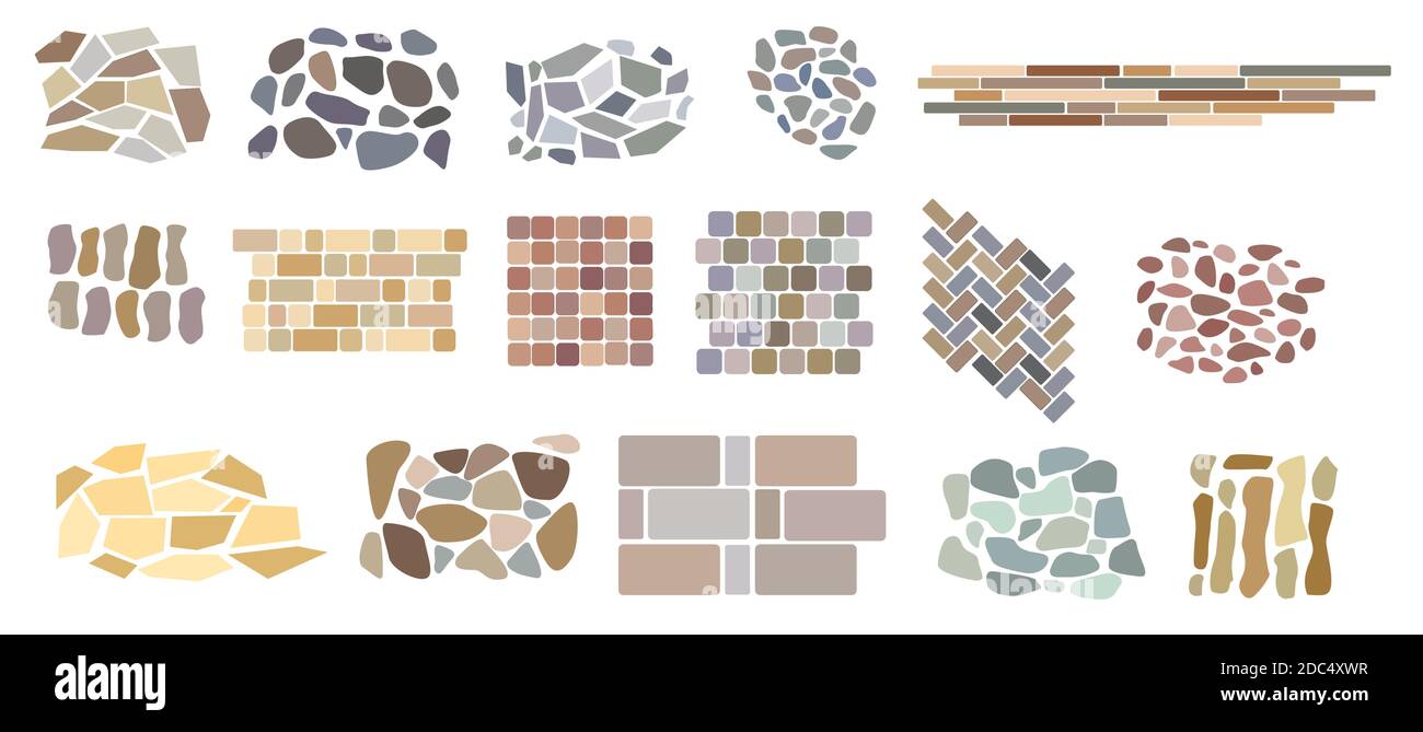 Set of vector paving tiles and bricks patterns from natural stone. Elements for landscape design plans isolated on white. Top view. Stock Vector
