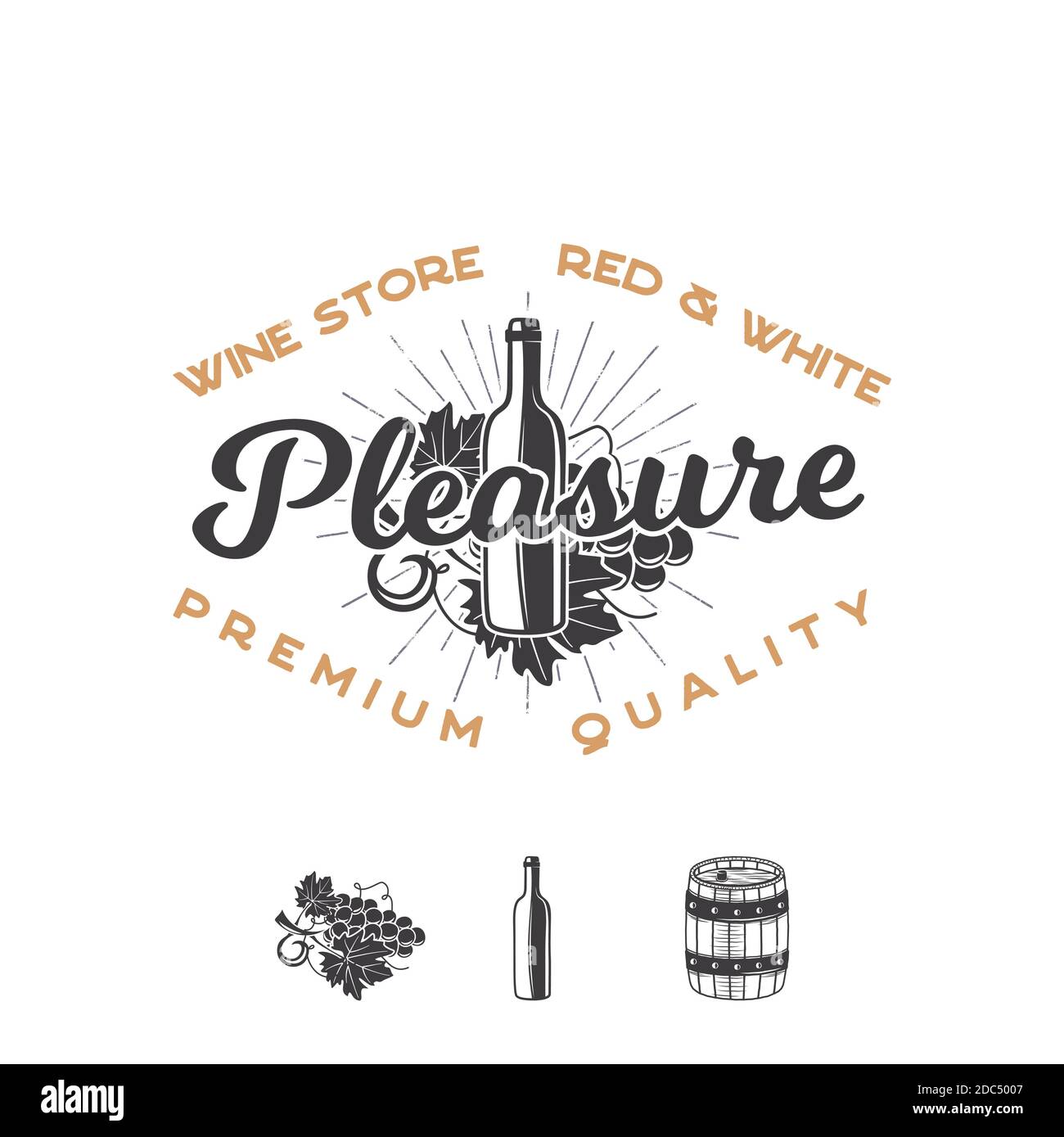 Wine shop logo template concept. Wine bottle, vine, barrel, sunbursts