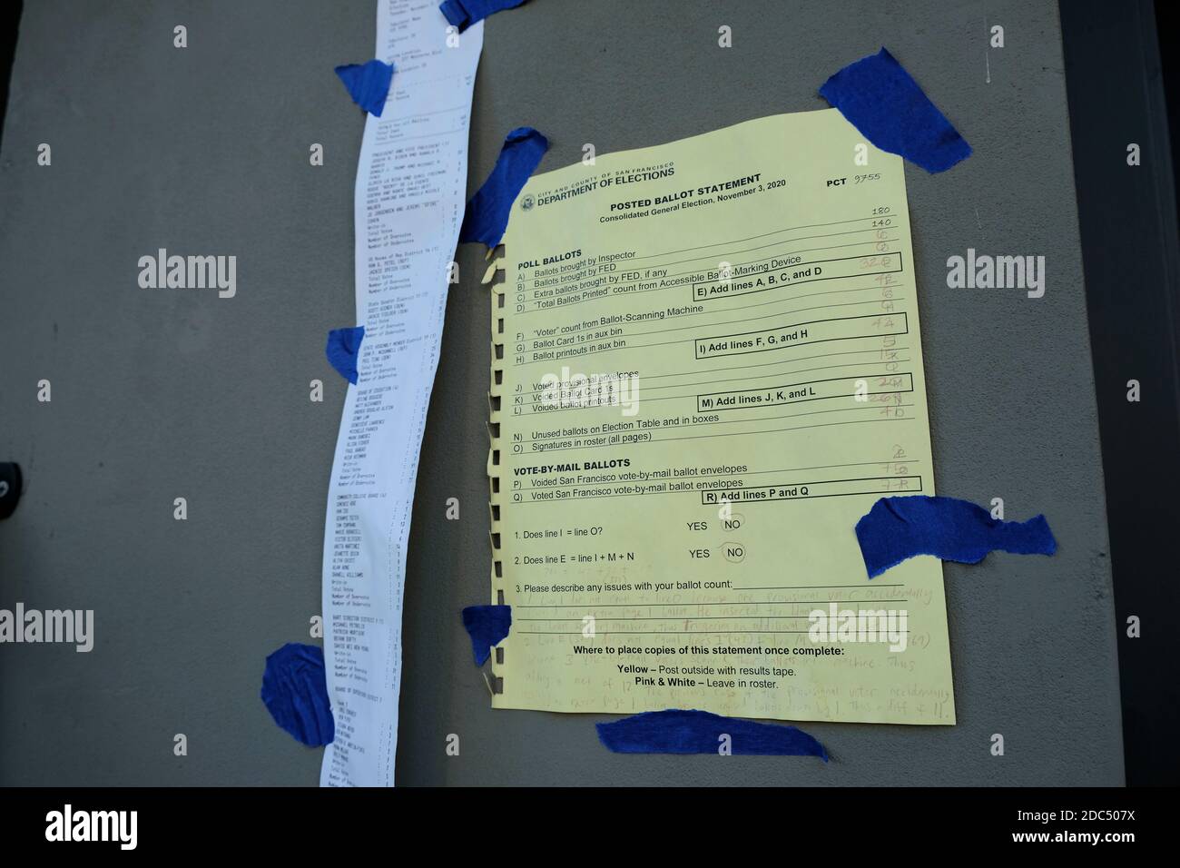 Posted ballot statement with tally of votes cast taped outside a San Francisco, California voting location; November 2020 presidential election. Stock Photo