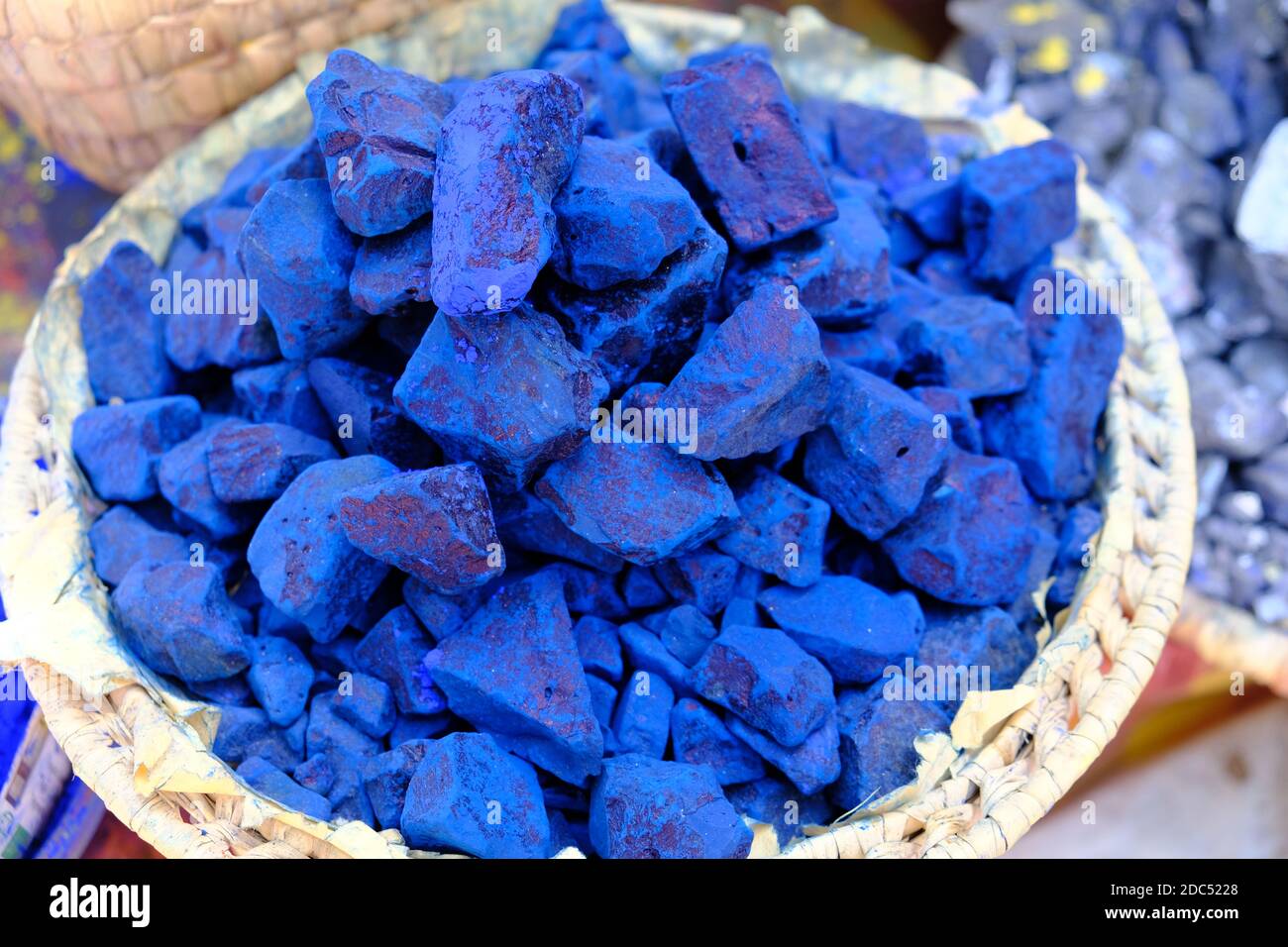 Morocco Marrakesh - Colorful Natural Indigo Blue Dye samples of a spice dealer Stock Photo