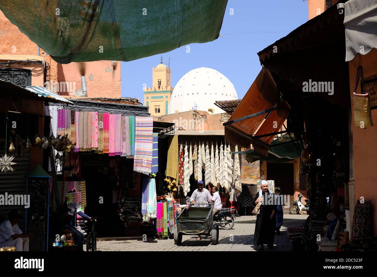 Morocco Marrakesh - Medina Street view of Red city narrow trading streets Stock Photo