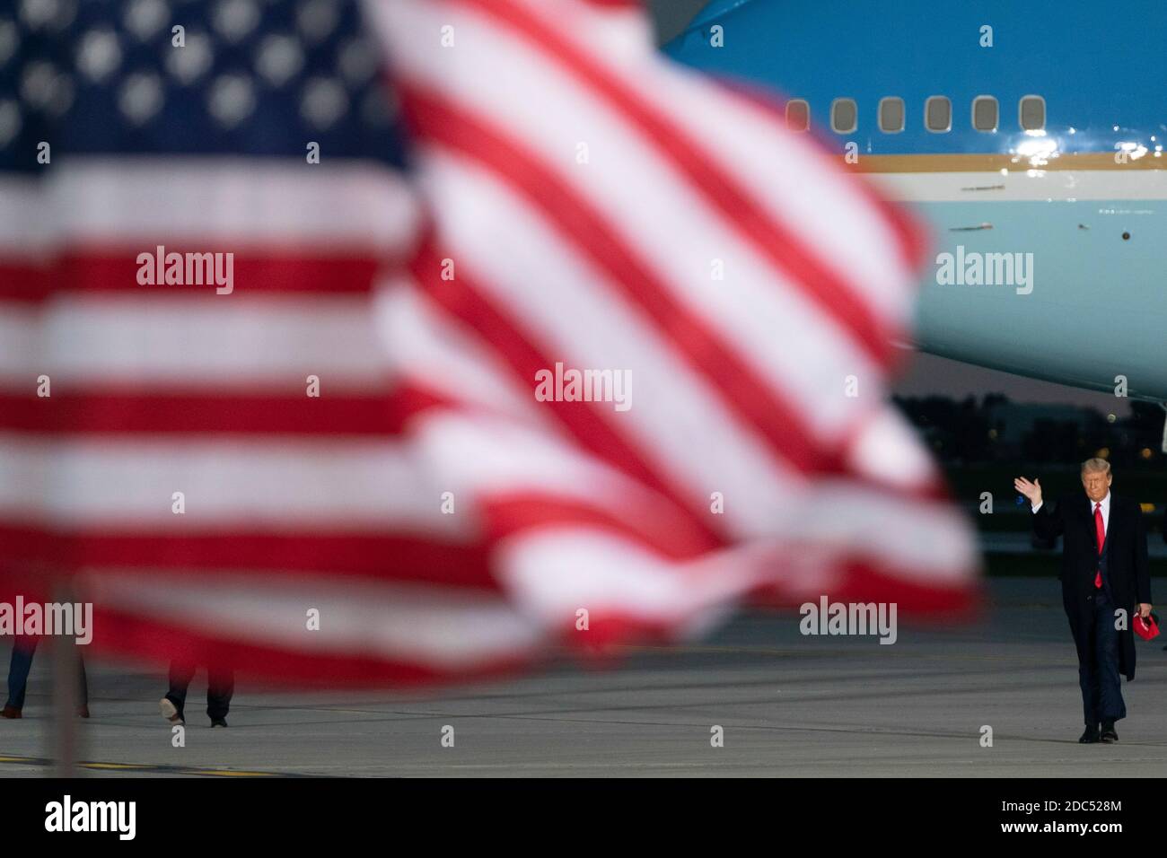 US President Donald Trump arrives at a Make America Great Again campaign event at Des Moines International Airport on October 14, 2020 in Des Moines, Iowa. Trump campaigns a week after recovering from COVID-19. Credit: Alex Edelman/The Photo Access Stock Photo