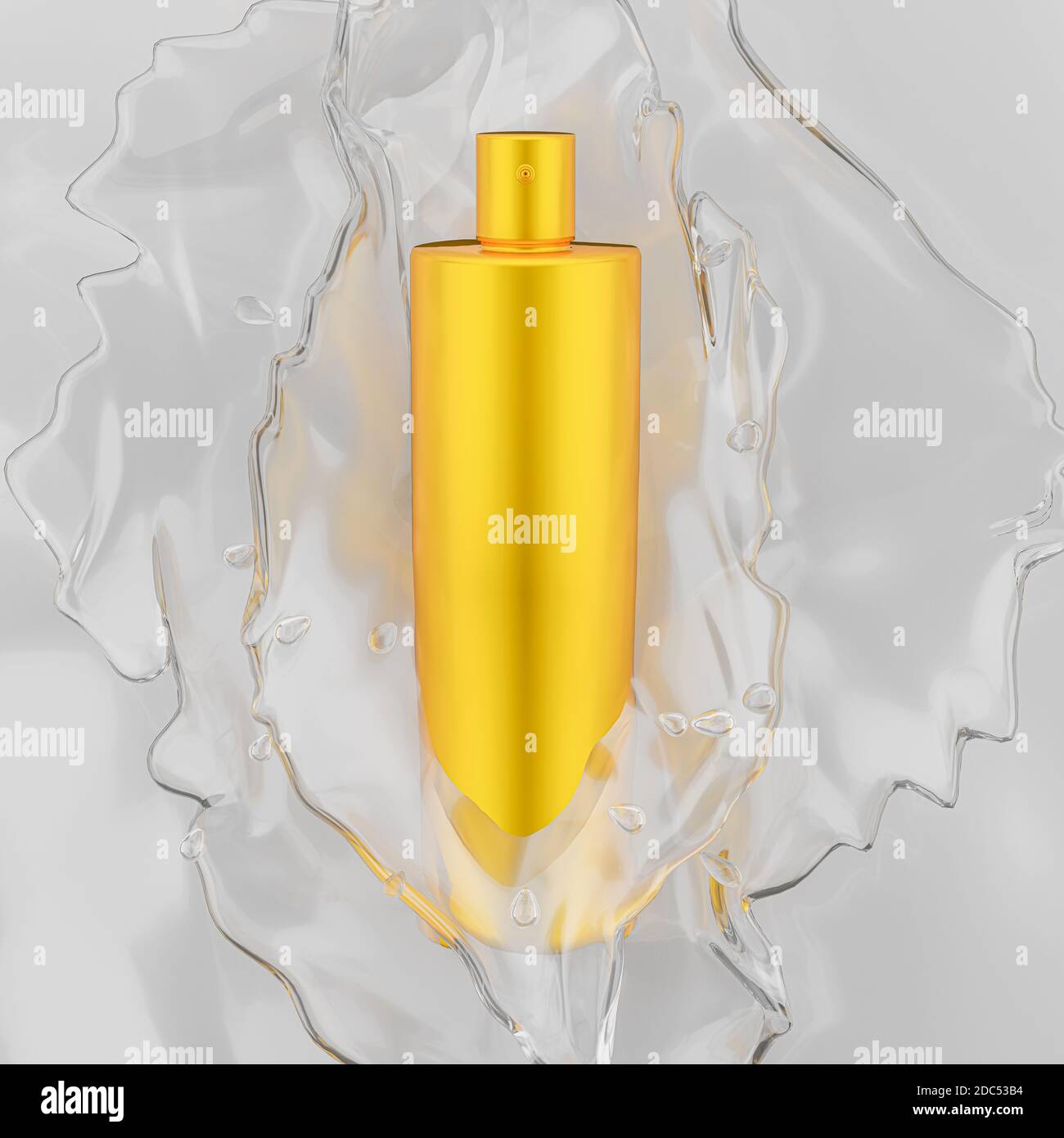 Gold cosmetic spray bottle in clear liquid splash. 3d render. Stock Photo