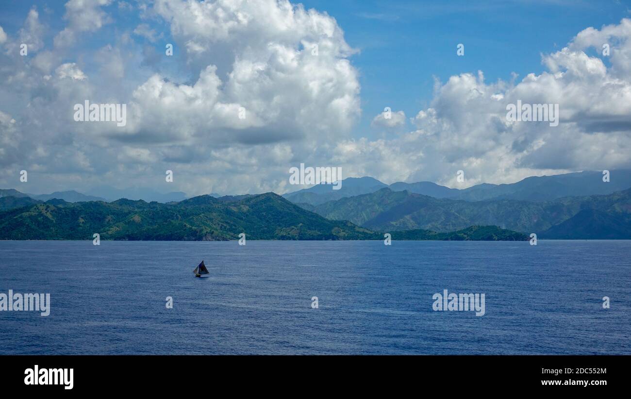 haiti-11/1/19: The hazy and mountainous coastline of the Caribbean Island of Haiti as a cruise ship sails by. Stock Photo