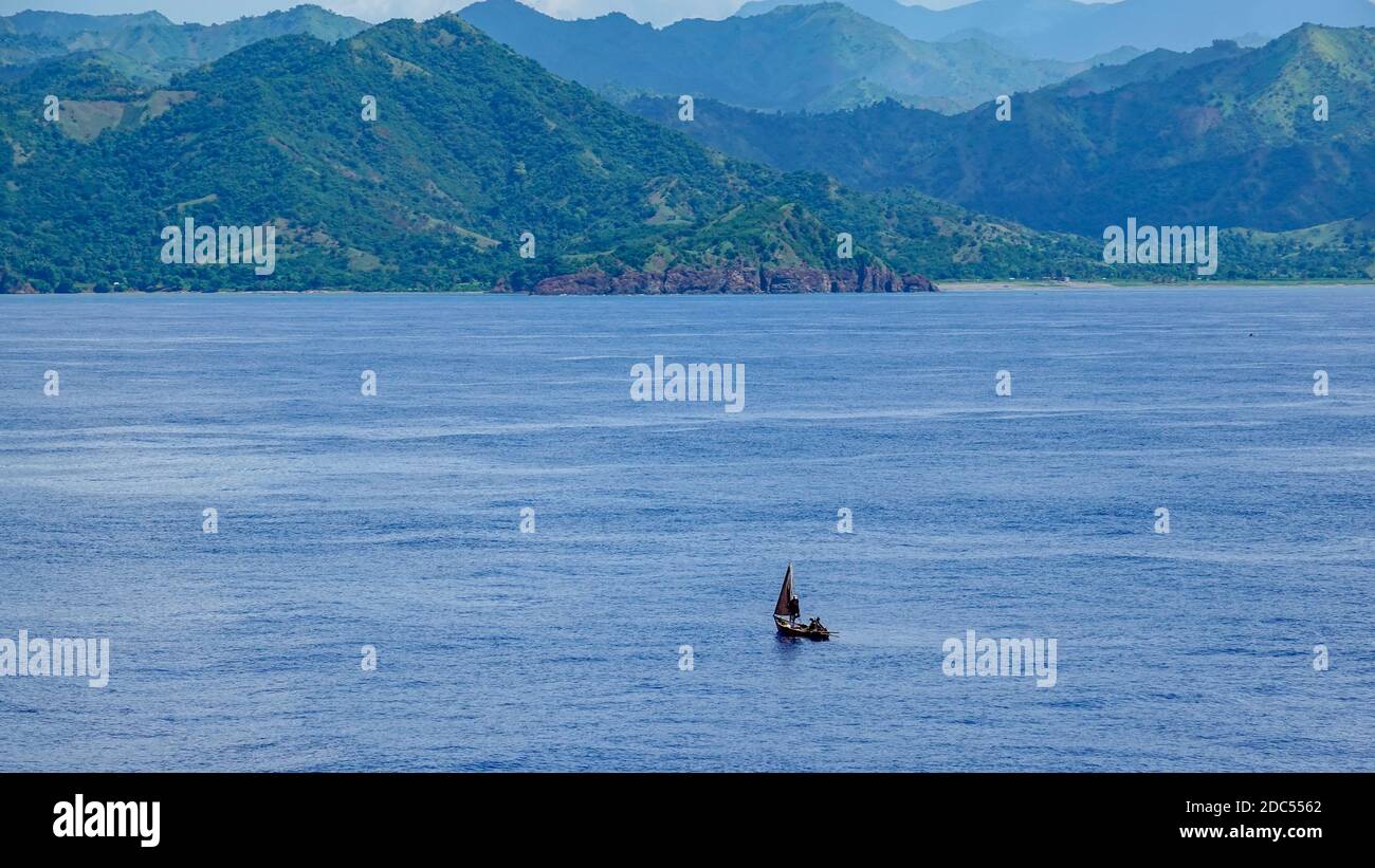 Haiti-11/1/19: The hazy and mountainous coastline of the Caribbean Island of Haiti as a cruise ship sails by. Stock Photo