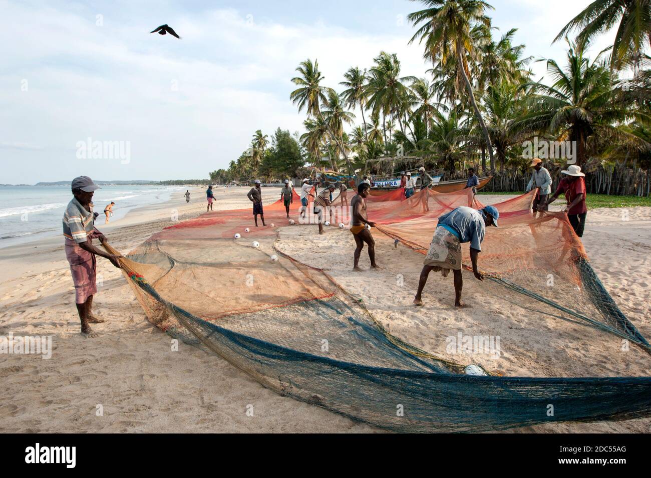 Beach Seine fishermen spread out their nets on Uppuveli beach on the east  coast of Sri Lanka after a hard days work Stock Photo - Alamy