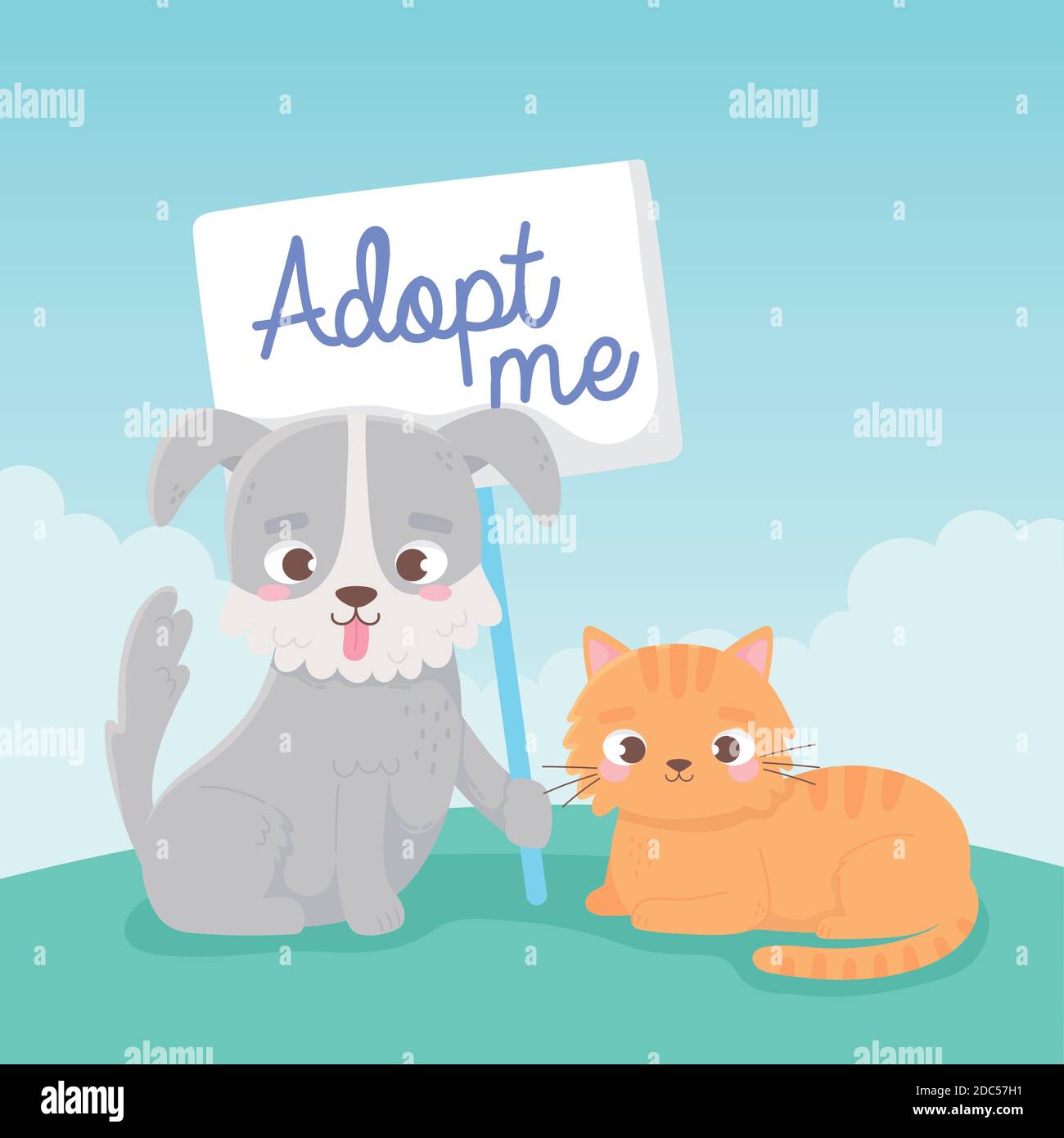 adopt a pet, little dog and cat with adpot me lettering vector