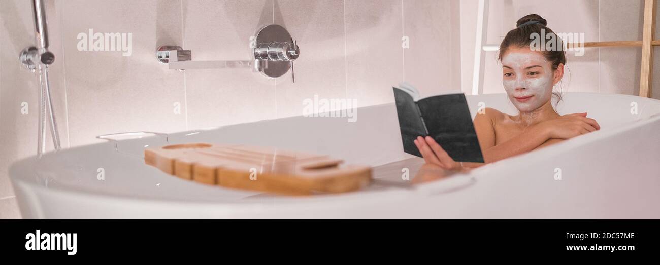 Bath woman taking a hot tub relaxation stress free time reading a book