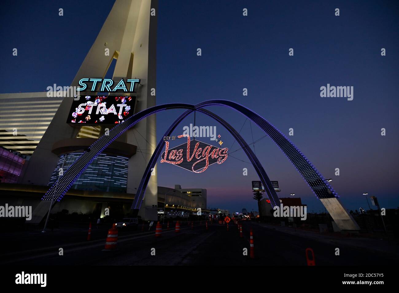 Las Vegas, Nevada, USA. 18th Nov, 2020. The Las Vegas Gateway Arches are  seen next to the The STRAT Hotel, Casino & SkyPod along the Las Vegas Strip  on November 18, 2020