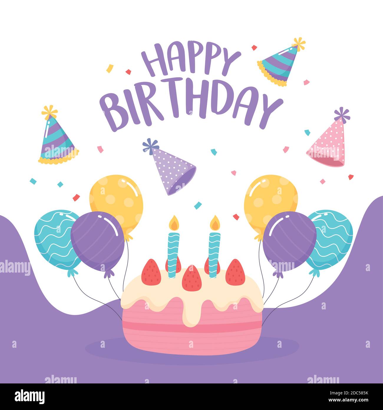 happy birthday, greeting card cake balloons and party hat celebration ...