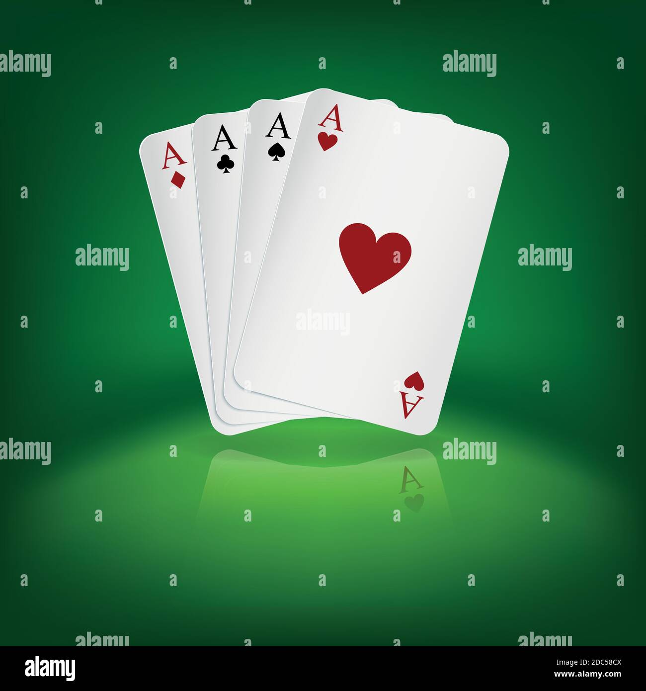 Four aces playing cards on green background Stock Vector