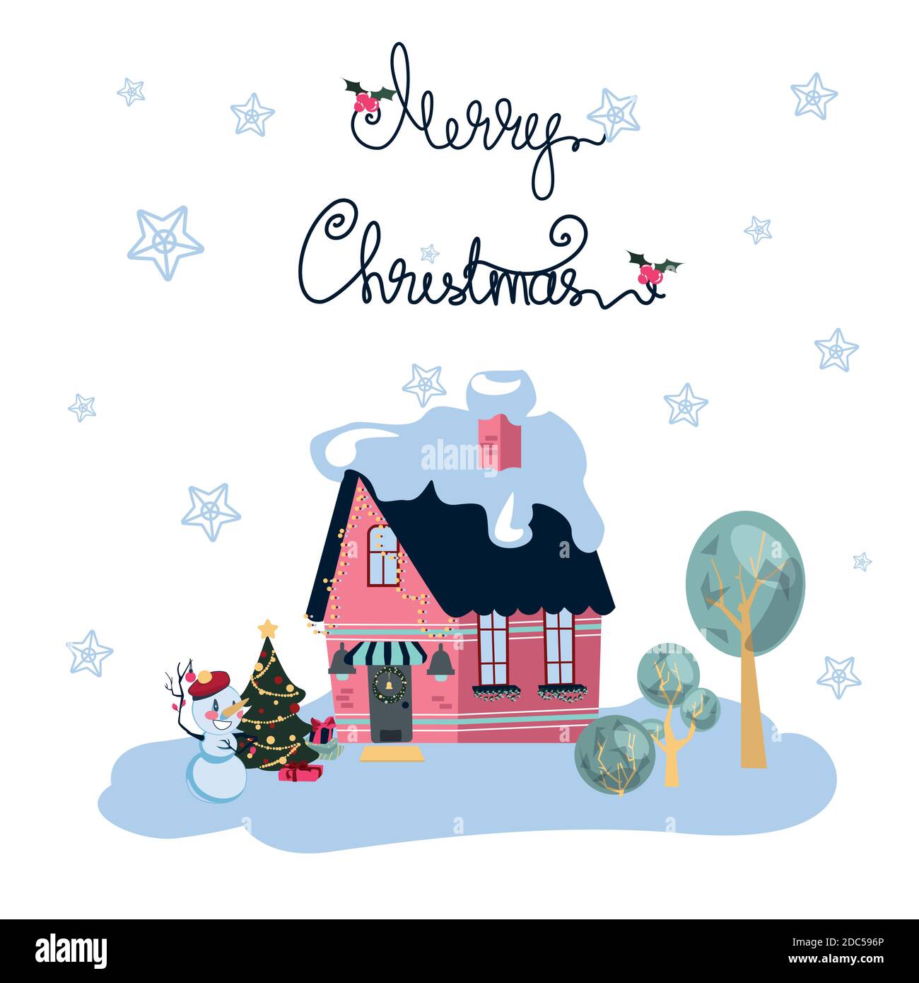 Merry Christmas Card with Pink House Stock Vector