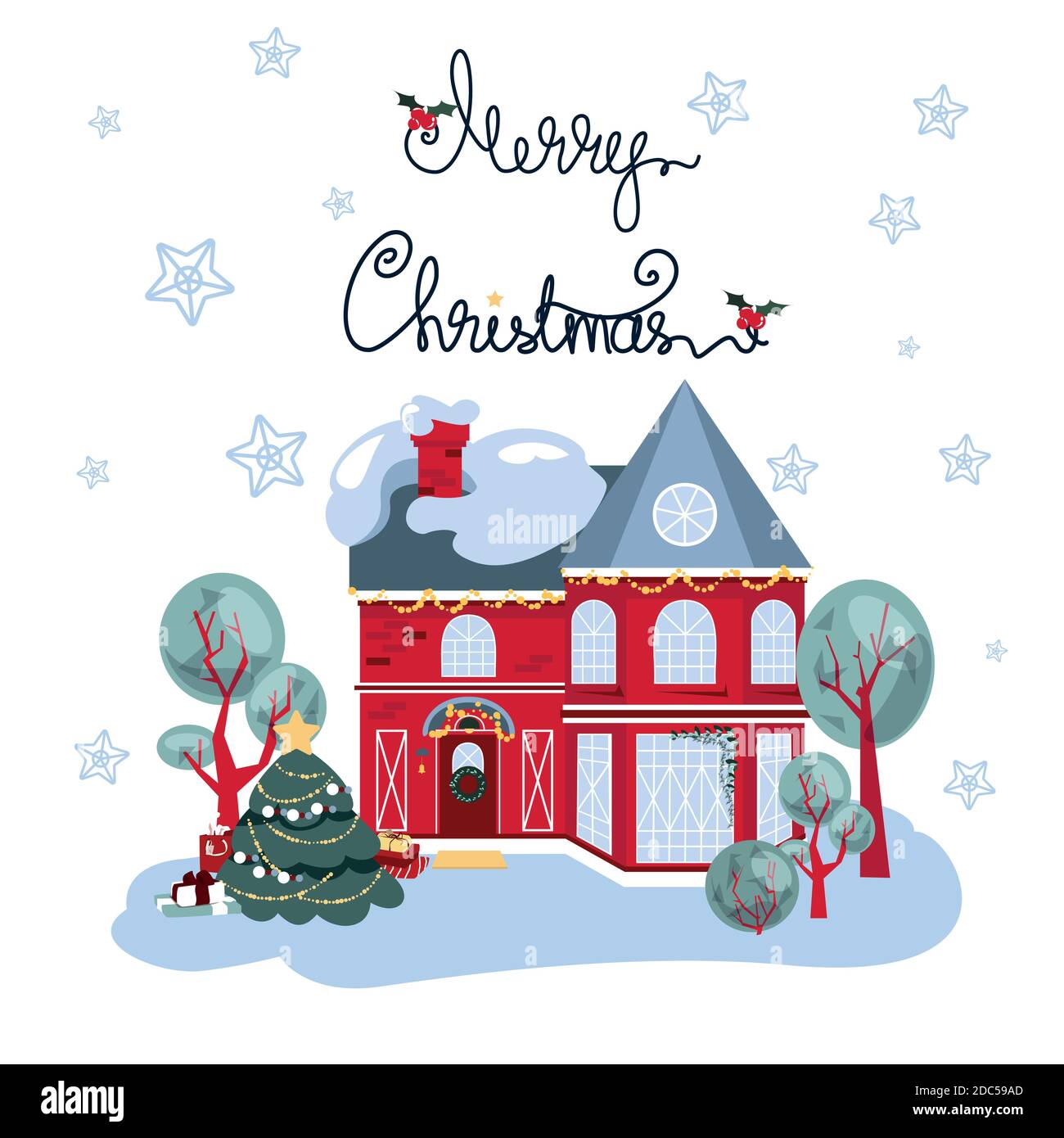 Christmas Card with Red Suburban House  Stock Vector