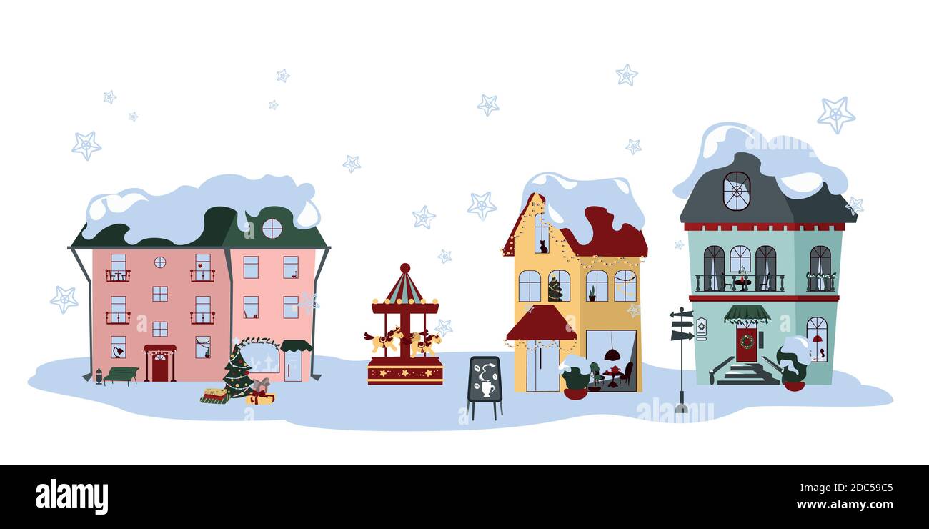 Collection of Colorful Winter Urban Houses on White Background Stock Vector