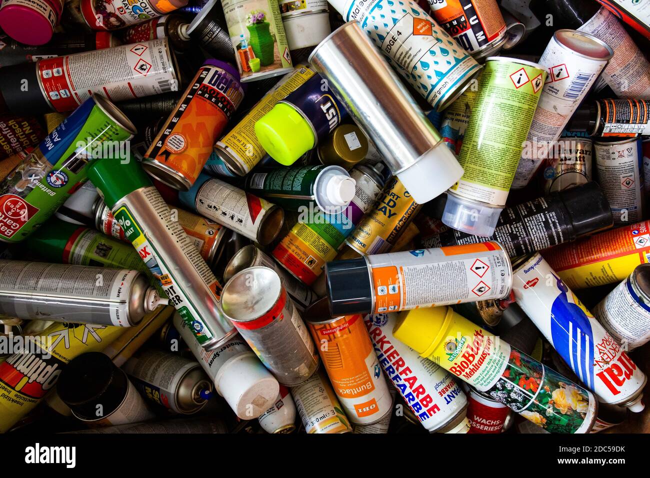 Freiburg, Germany. 13th Nov, 2020. Spray cans with paints and other  chemicals are stored in a container on the premises of the St. Gabriel  recycling yard of the ASF waste management and