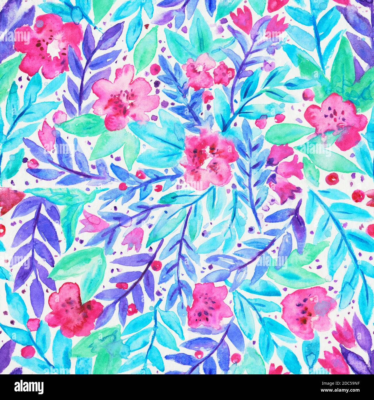 Seamless pattern with cute branches and pink flowers. Watercolor ...