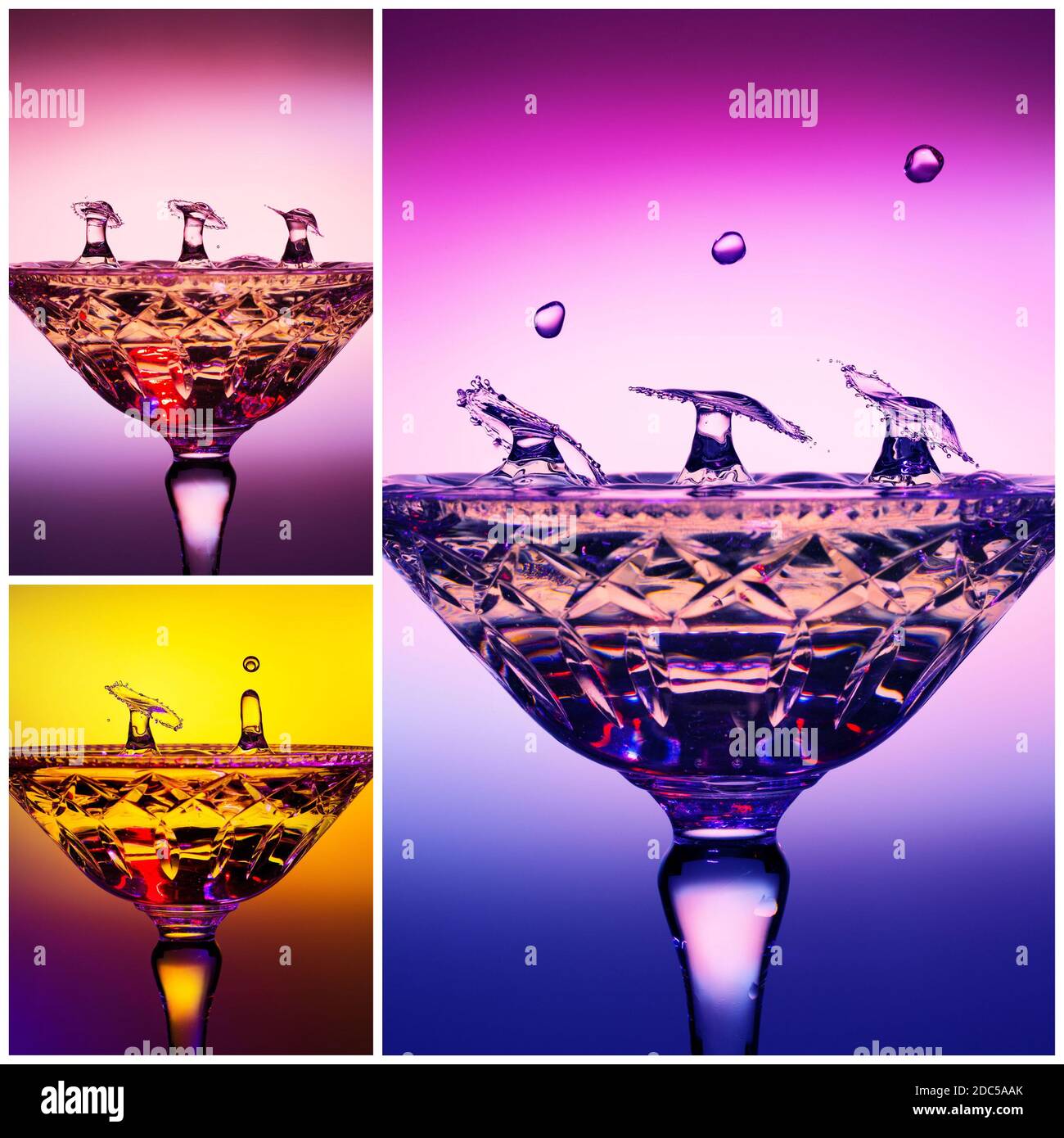 Collage of water drops splashed into a crystal champagne glass forming simultaneous umbrella shapes - Liquid Drop Art Stock Photo