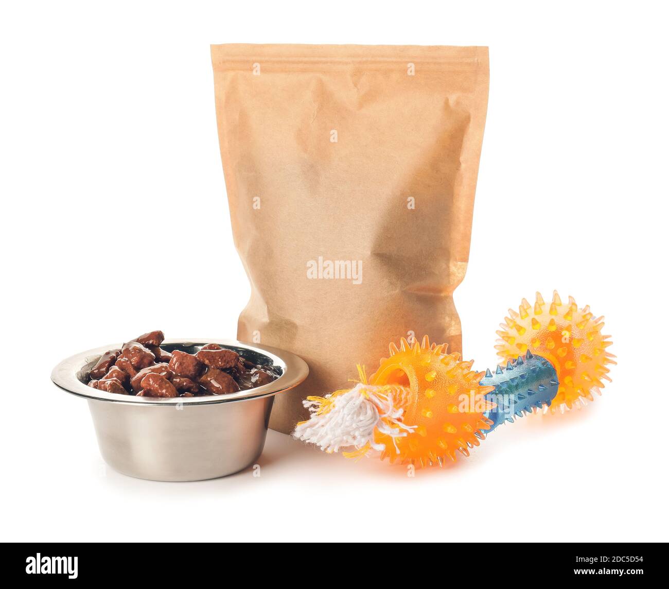 Tasty pet food and toy on white background Stock Photo Alamy