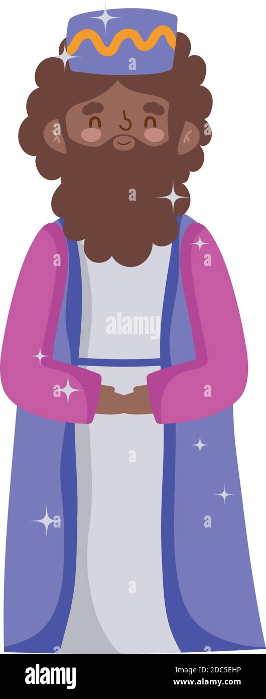 nativity, balthazar wise king manger cartoon vector illustration Stock