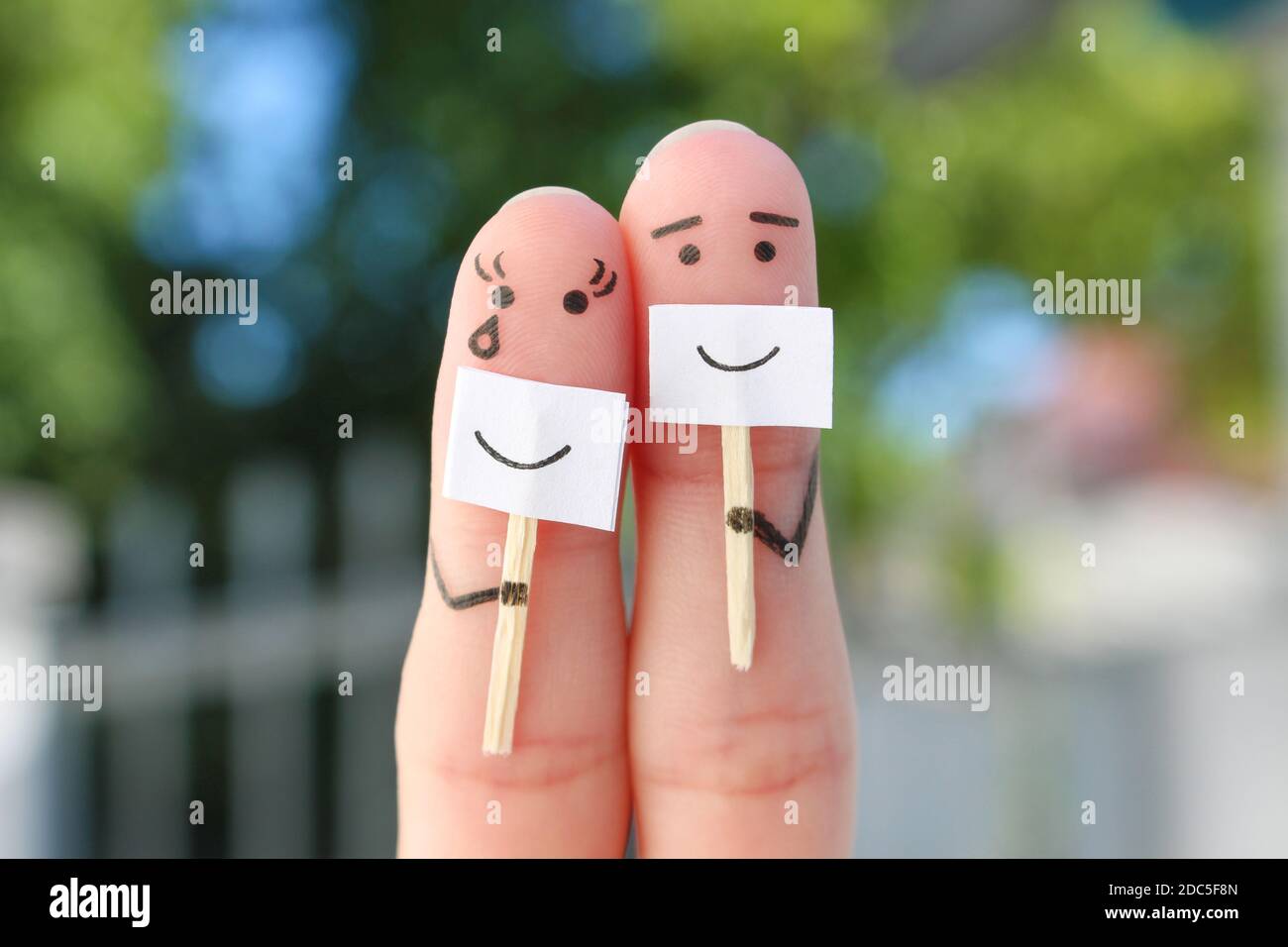 Fingers art of couple. Concept of people hiding emotions. Stock Photo