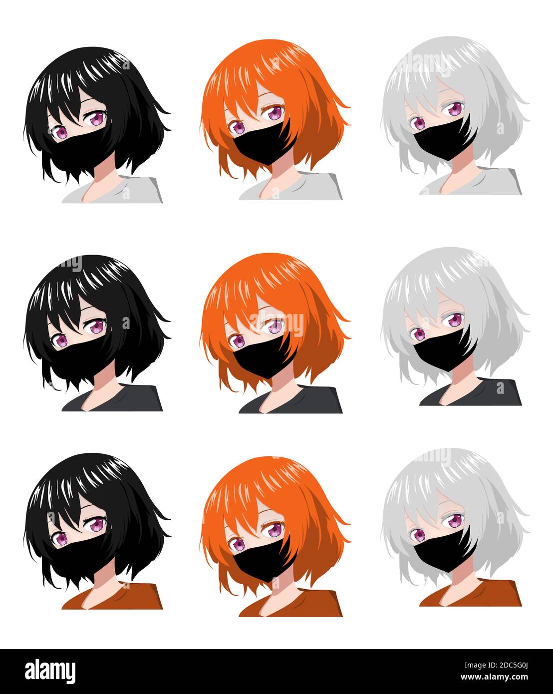 Vector mask anime characters. Anime girl in japanese. Anime style, drawn vector illustration. Sketch. Manga style. Colored. EPS 10 Stock Vector