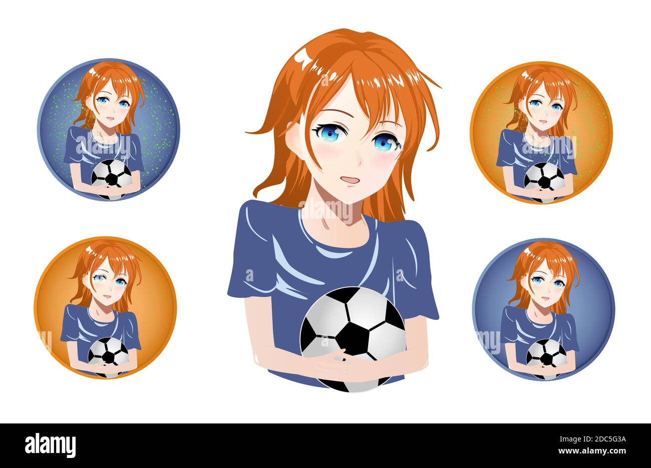 Girl in sports uniform holds a soccer ball, set of icons. Vector anime