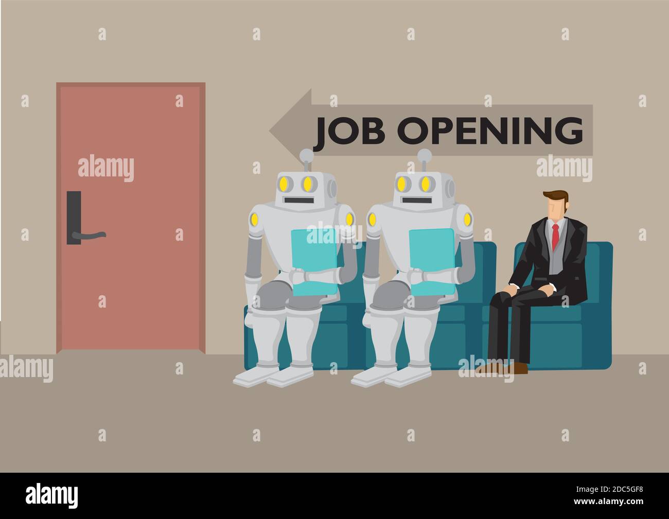 Robots and human going for job opening. Depicts future job market and