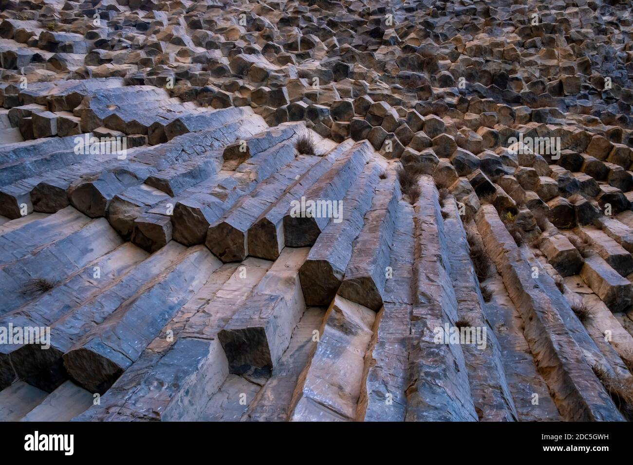 Cliff walls which consists of huge symmetric hexagon and pentagon ...