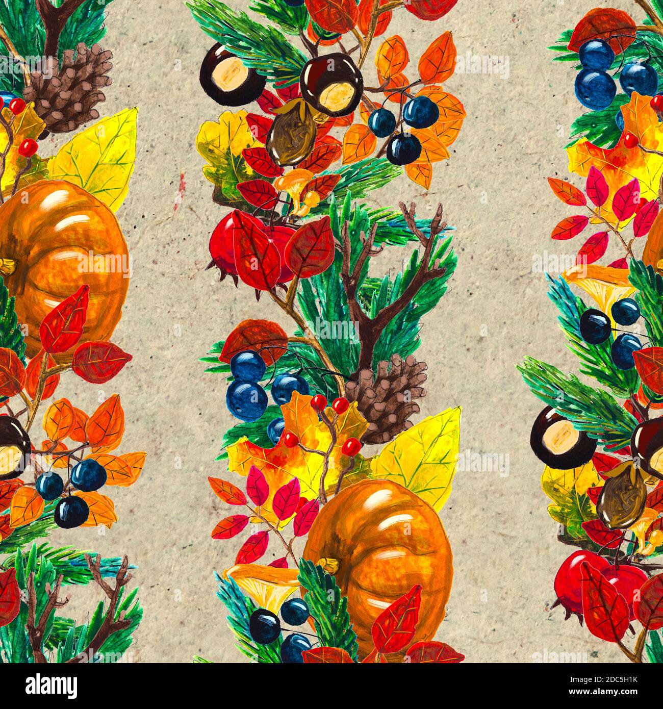 Autumn watercolor hand drawn seamless pattern with leaves mushrooms and ...