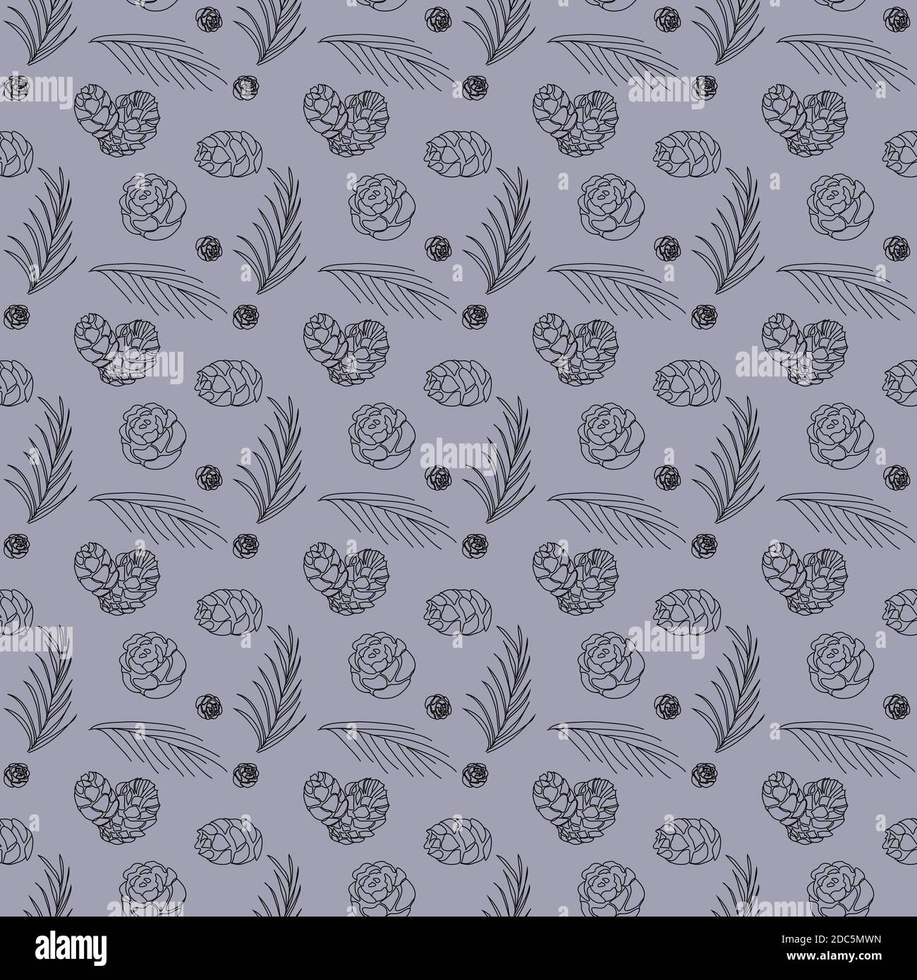 Seamless pattern with cones and branches on blue and grey background Stock Vector